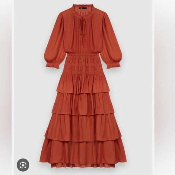 Maje Ruffle Midi dress‎ Rust color size 6 NWOT - Picture 3 of 10